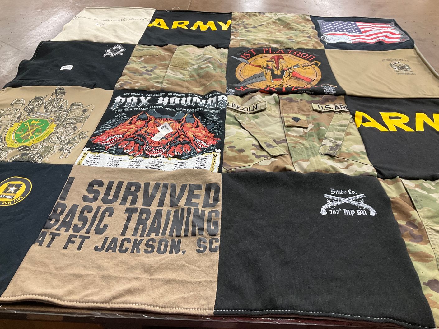T-shirt quilt with military, veterans themes by Sadie from NY