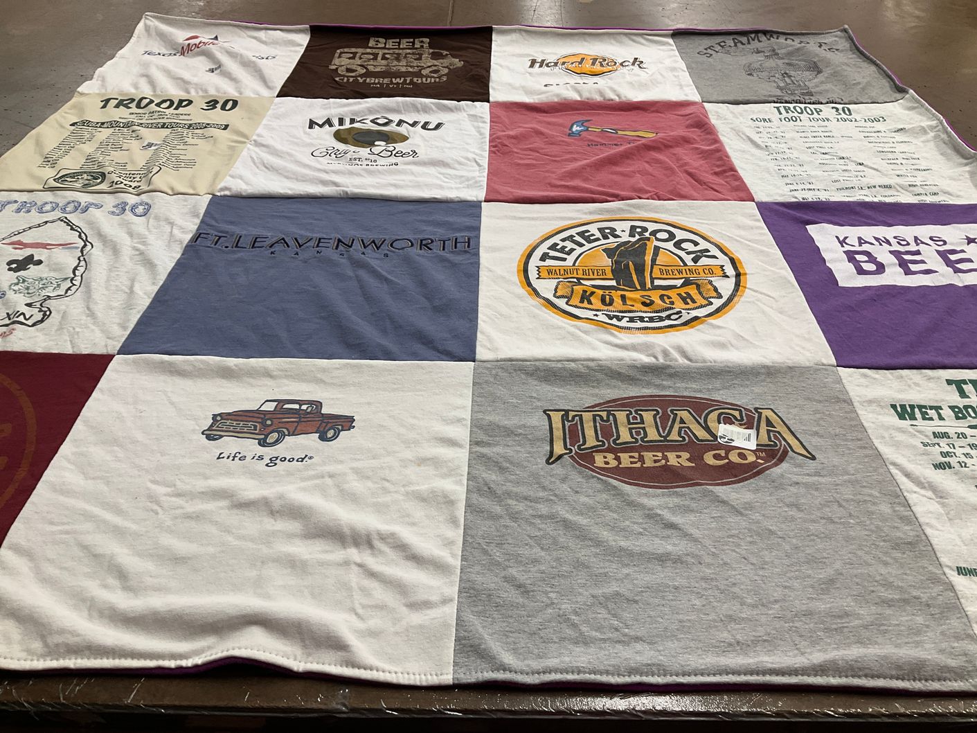 T-shirt quilt with beer brewing, outdoor activities themes by Barbara from TX