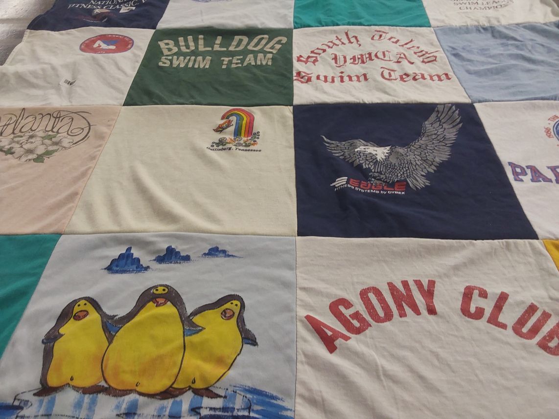 T-shirt quilt with swimming themes by Merrilee from GA