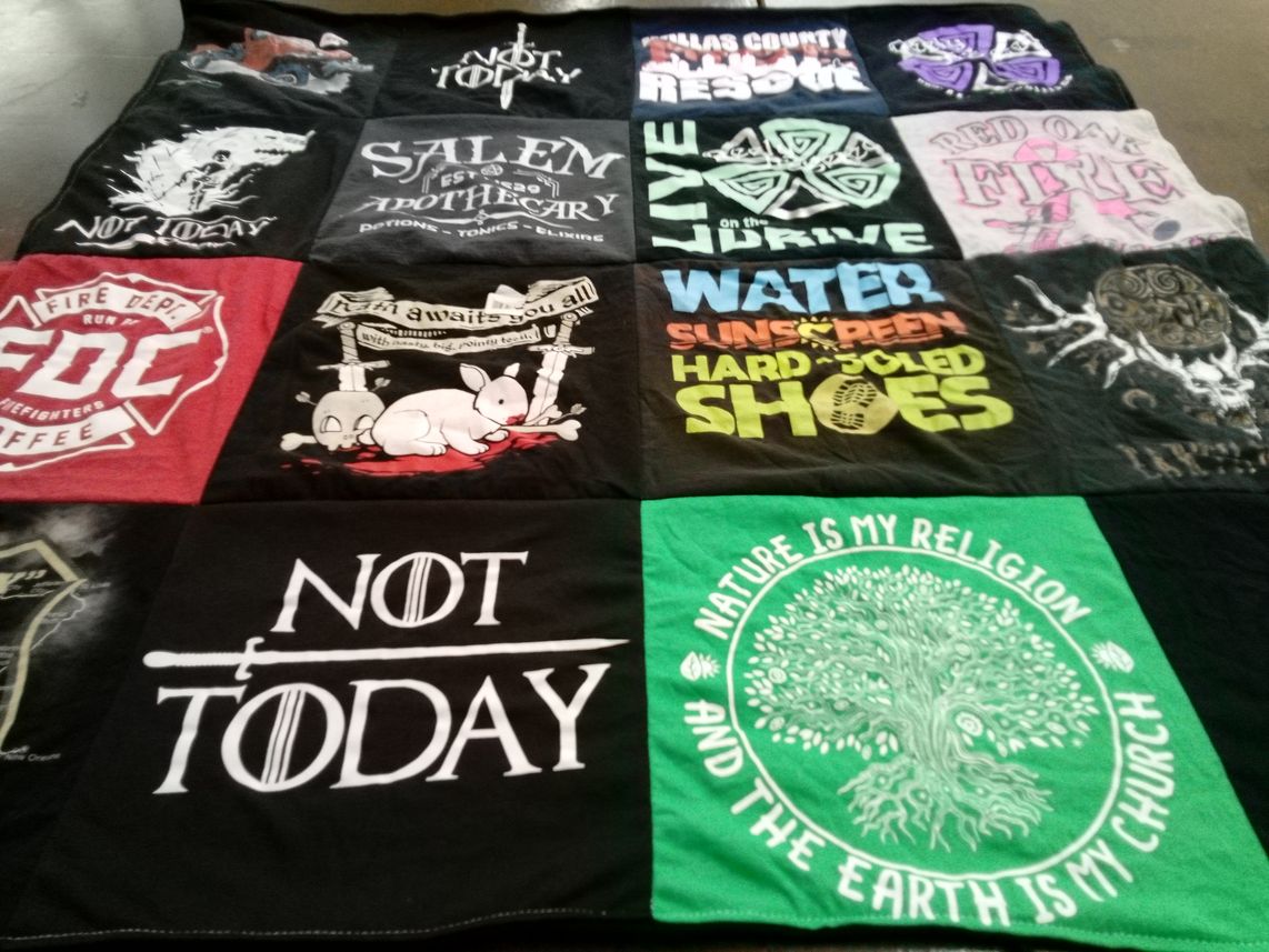 T-shirt quilt with religion, firefighting themes by Richard from TX