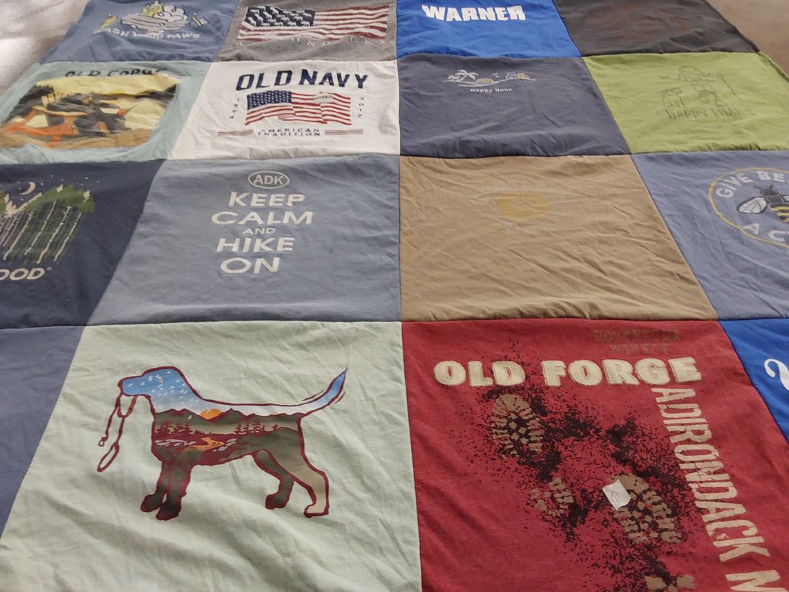 T-shirt quilt with outdoors, hiking themes by John from NY
