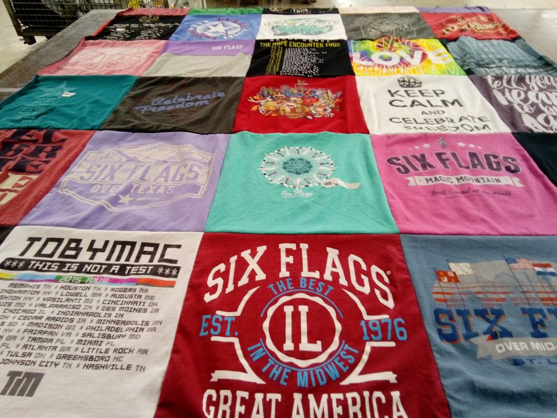 T-shirt quilt with amusement parks, music themes by Lynda from TX