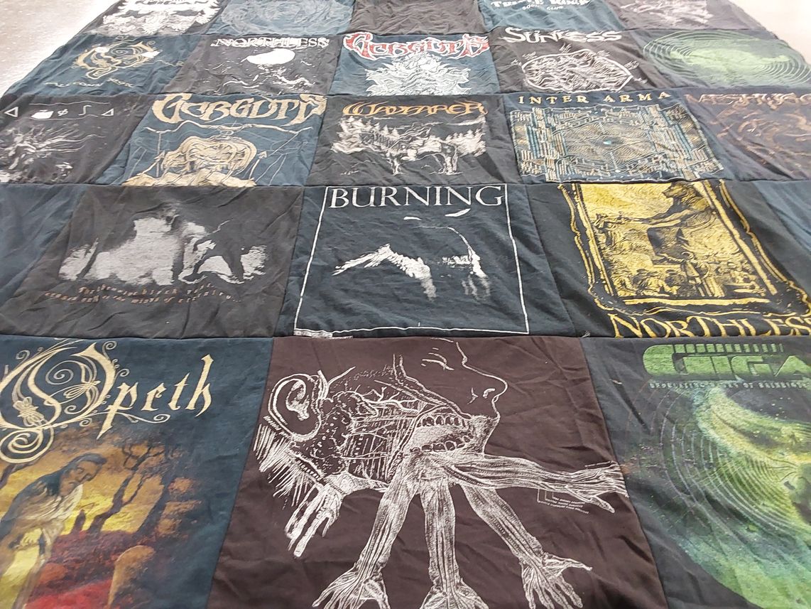 T-shirt quilt with music, metal themes by Eileen from SD