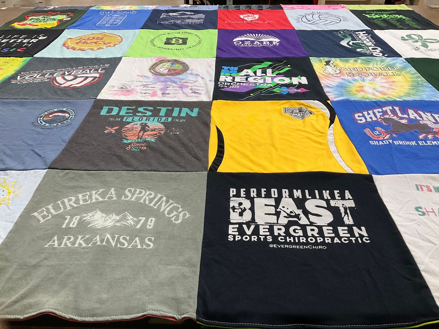 T-shirt quilt with outdoor activities, sports themes by Rachel from TX