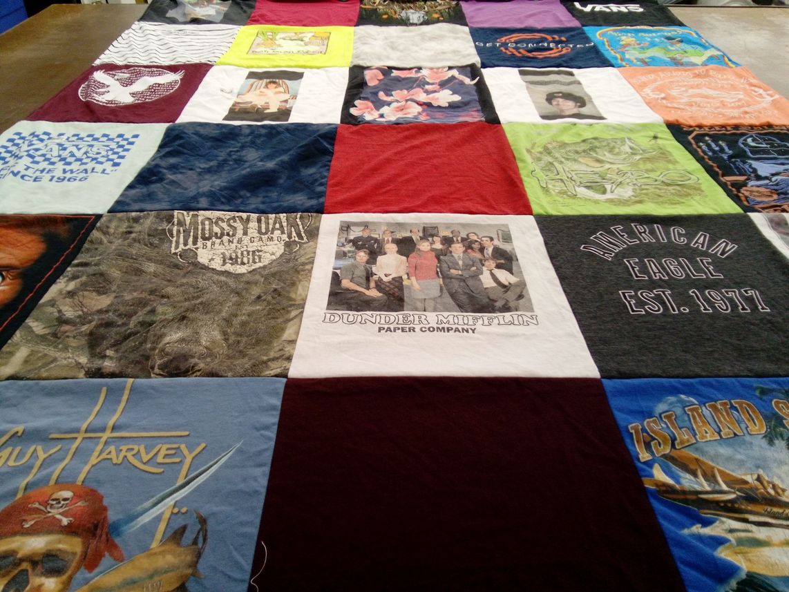 T-shirt quilt with tv shows, hunting themes by Heather from FL