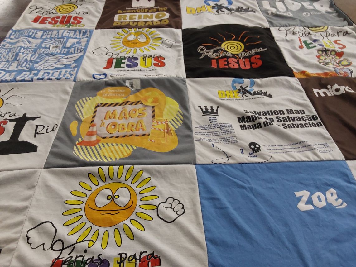 T-shirt quilt with religion, community service themes by Ayla from MO