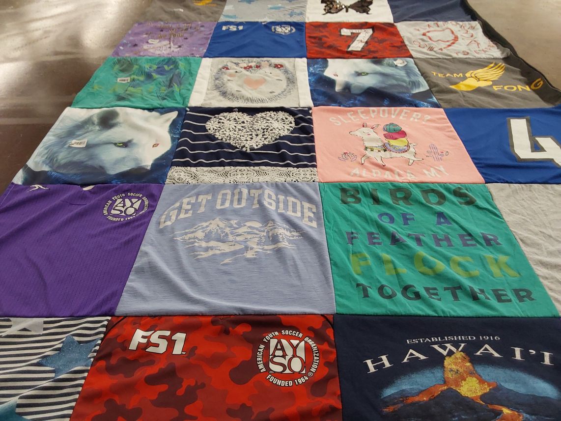 T-shirt quilt with outdoors, animals themes by Catherine from CA