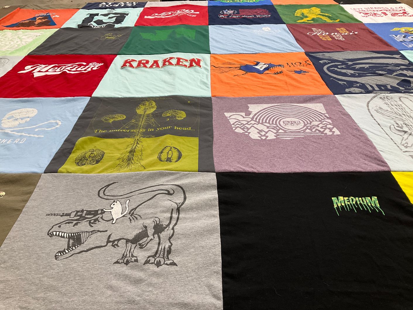 T-shirt quilt with dinosaurs, humor themes by Jan from WA