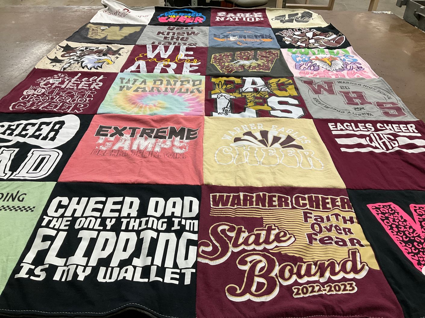 T-shirt quilt featuring warner eagles cheer team by Nicole from OK