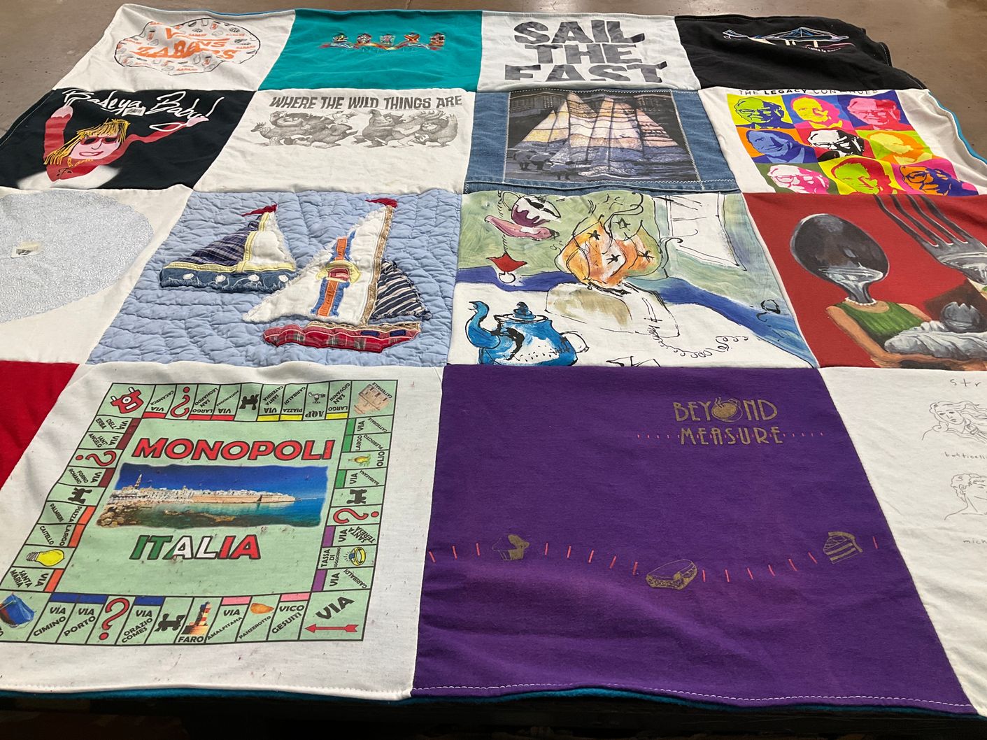 T-shirt quilt with sailing, monopoly themes by Leslie from NY