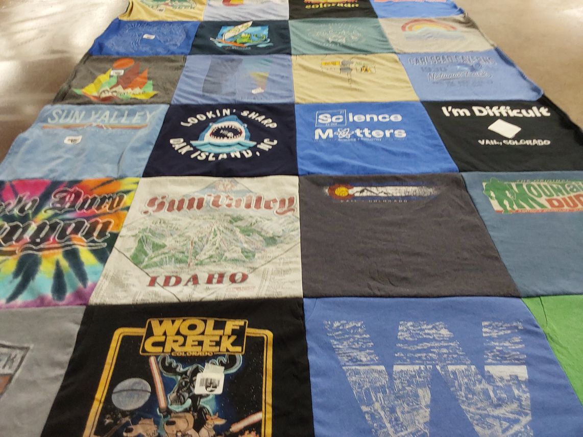 T-shirt quilt with outdoor, travel themes by Micah from TX