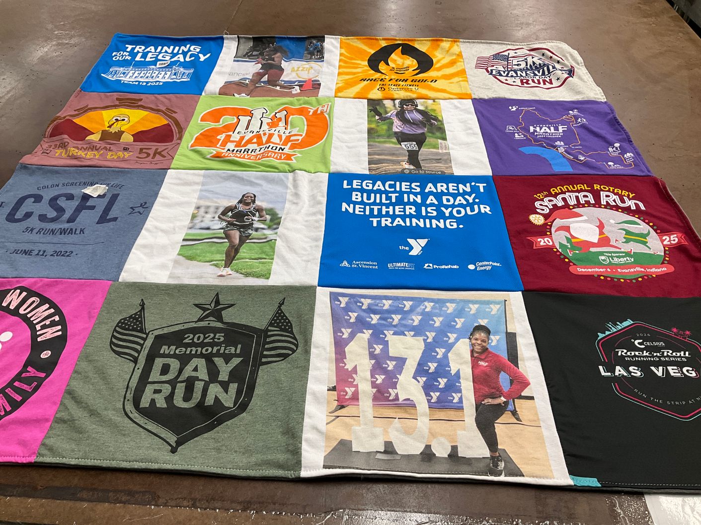 T-shirt quilt with running, community events themes by Adeline from IN