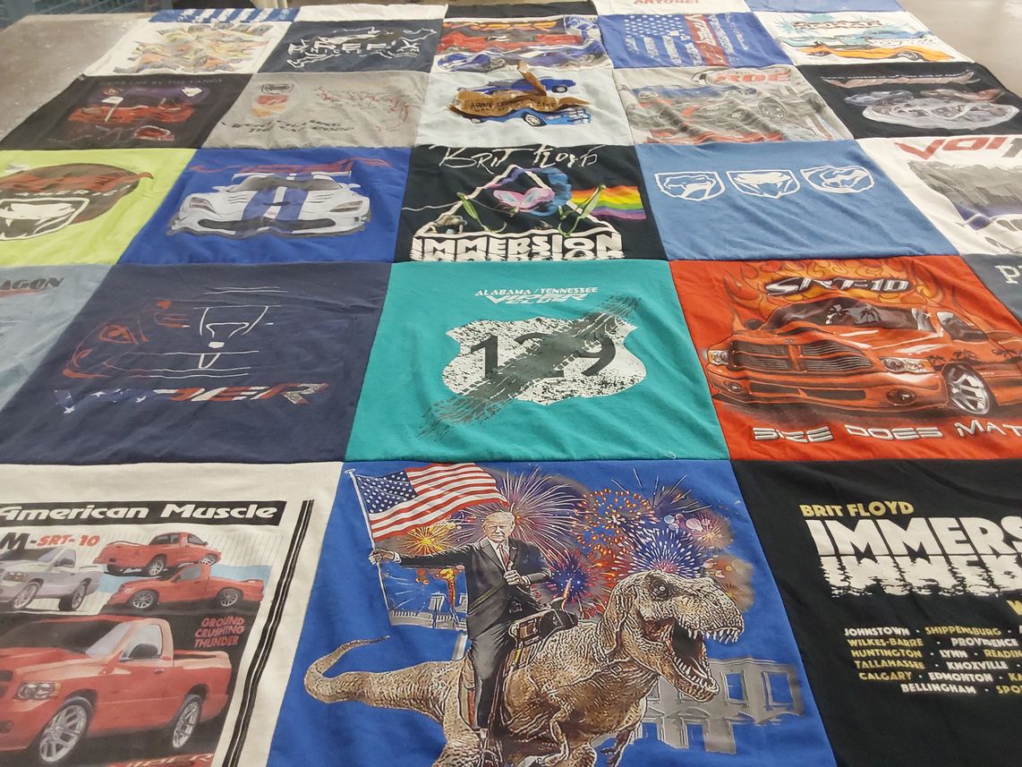 T-shirt quilt with muscle cars, rock music themes by Mark from FL