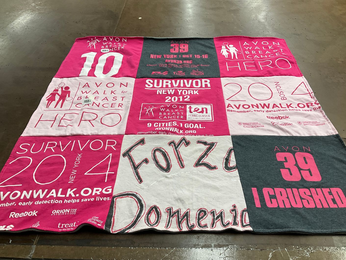 T-shirt quilt with breast cancer awareness, charity themes by Michelle from NJ