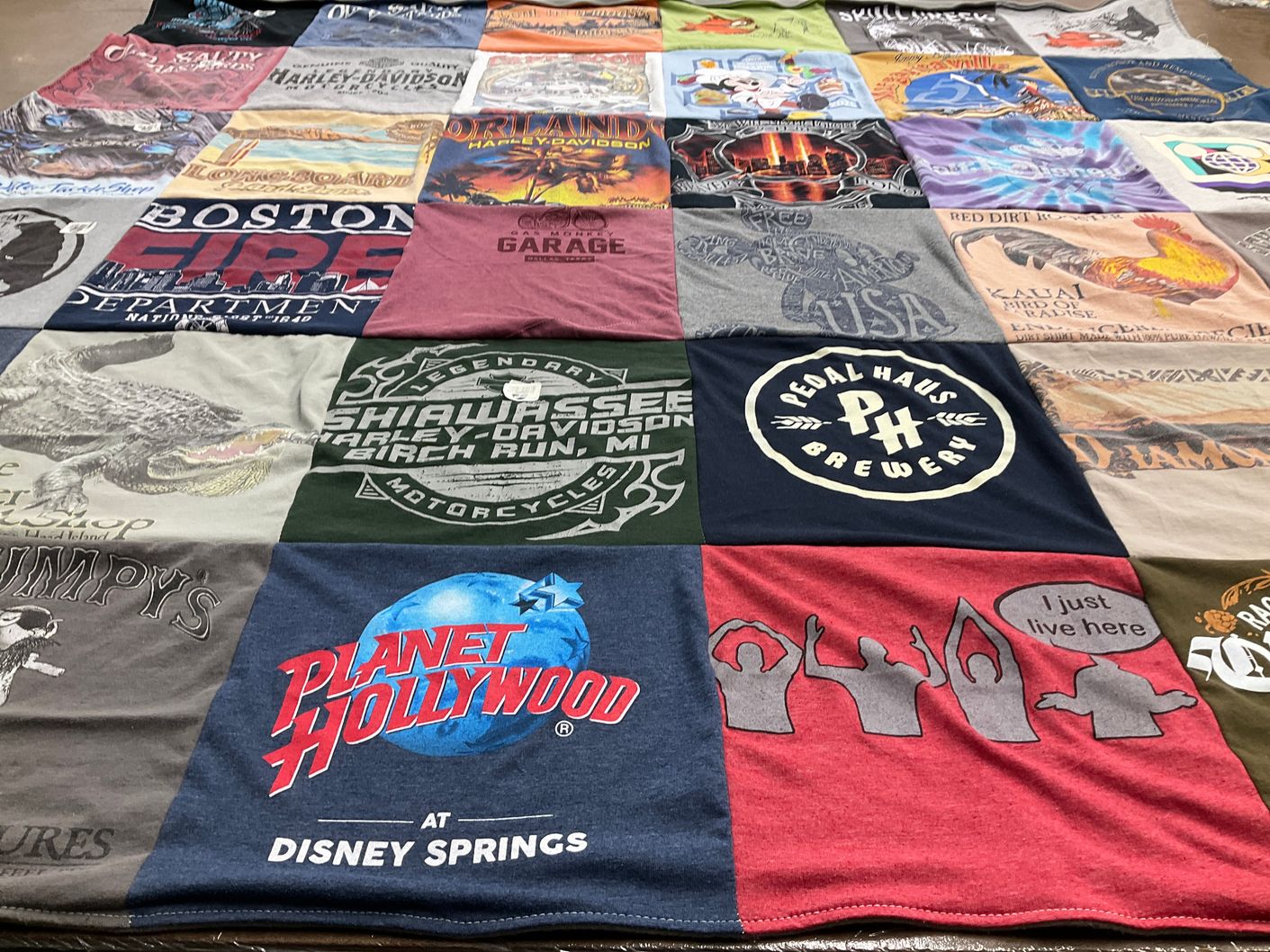 T-shirt quilt with motorcycles, brewing themes by Theresa from OH