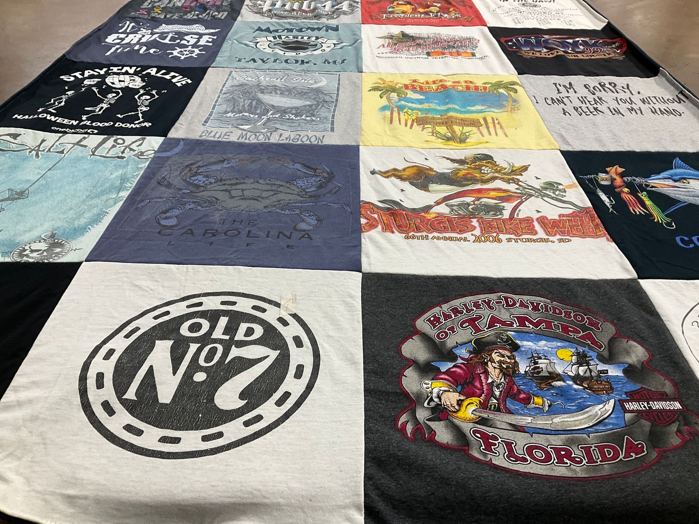 T-shirt quilt with biking, beach themes by Mary from FL