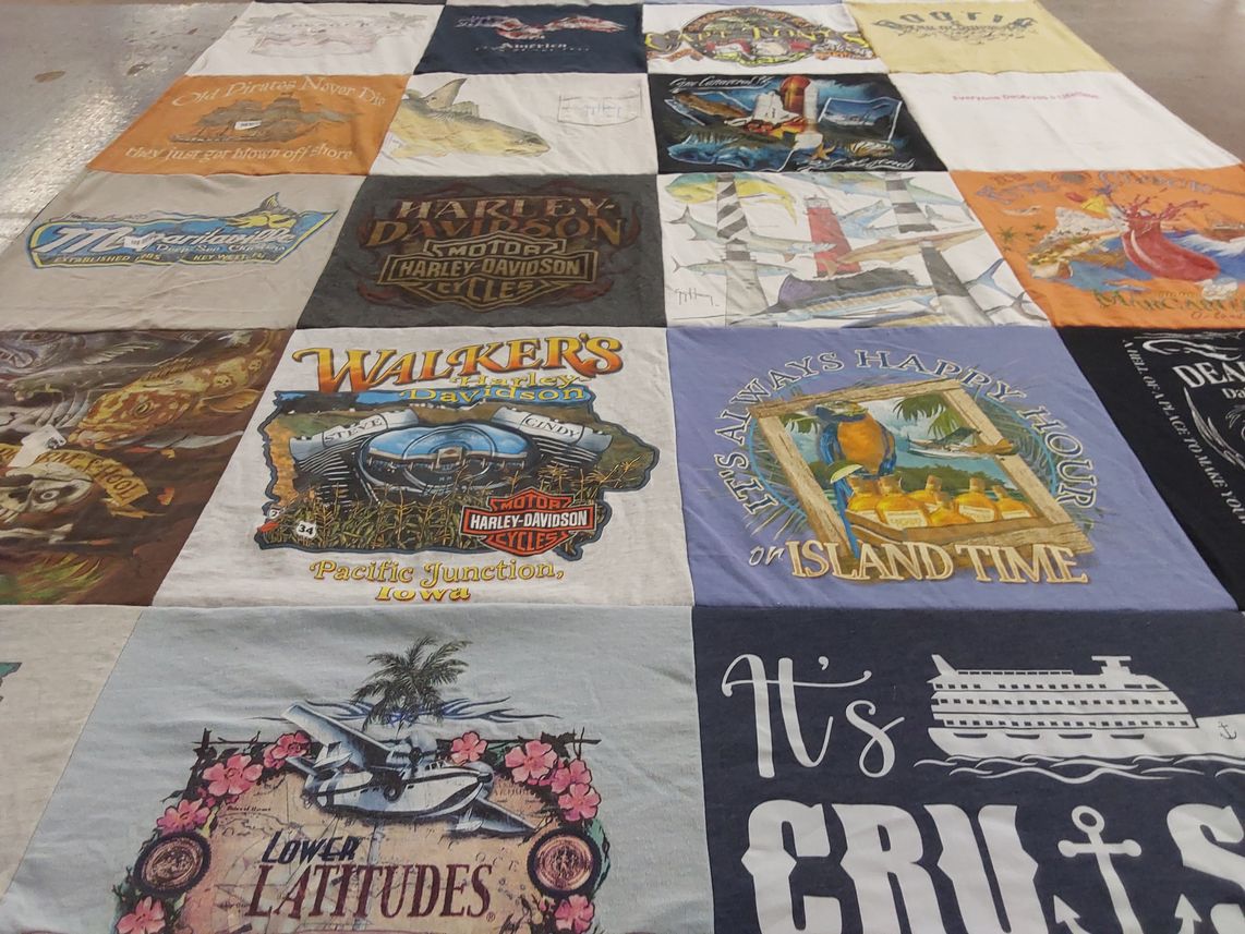 T-shirt quilt with motorcycles, pirates themes by Mary from FL