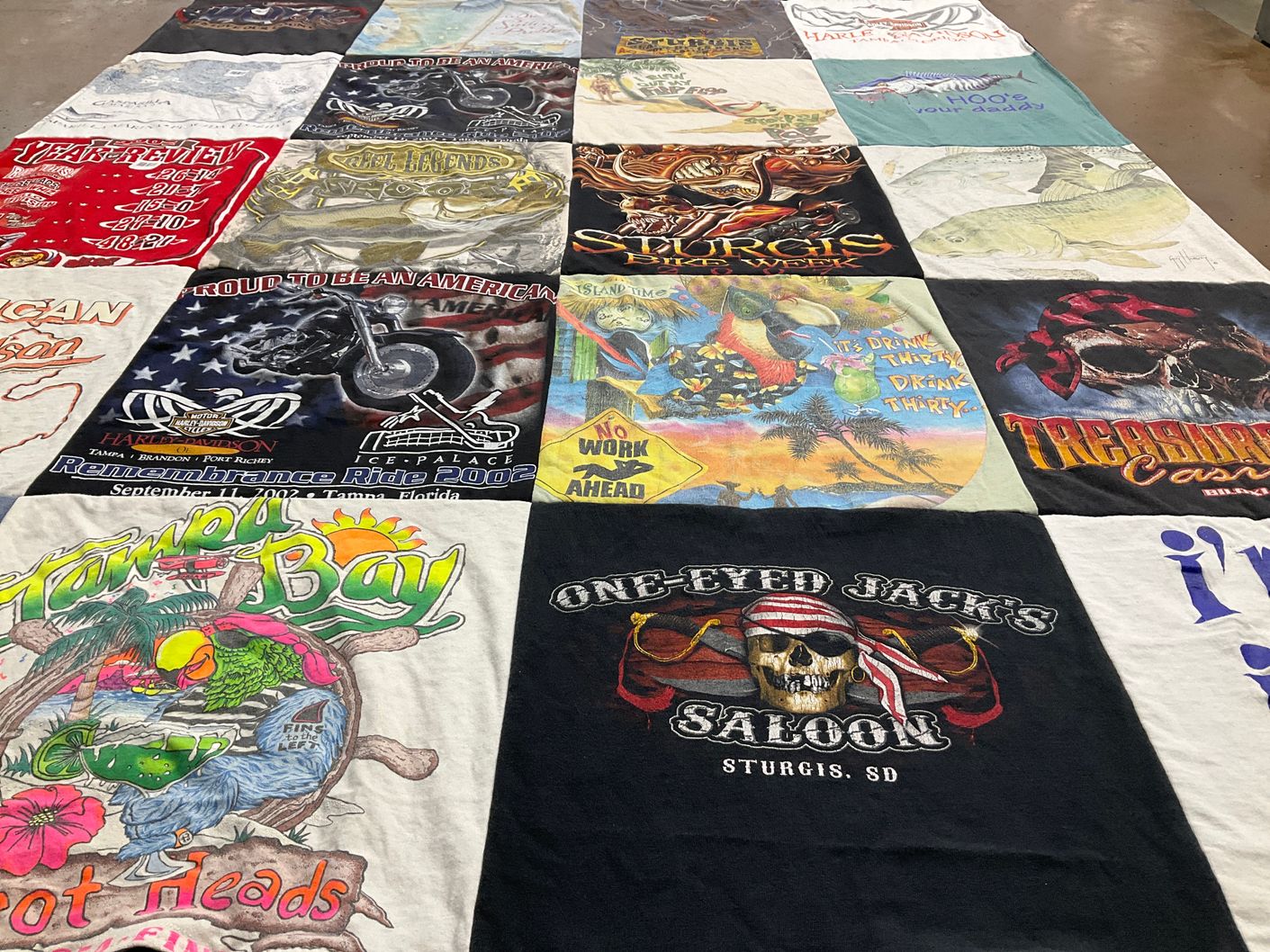 T-shirt quilt with motorcycles, biking themes by Mary from FL