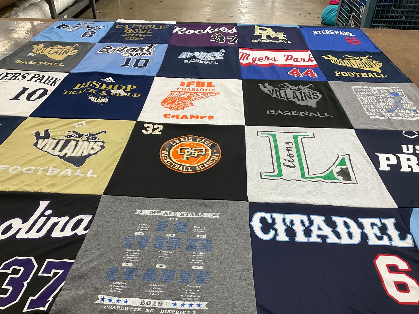 T-shirt quilt featuring myers park high school baseball, myers park high school football by Carolyn from NC