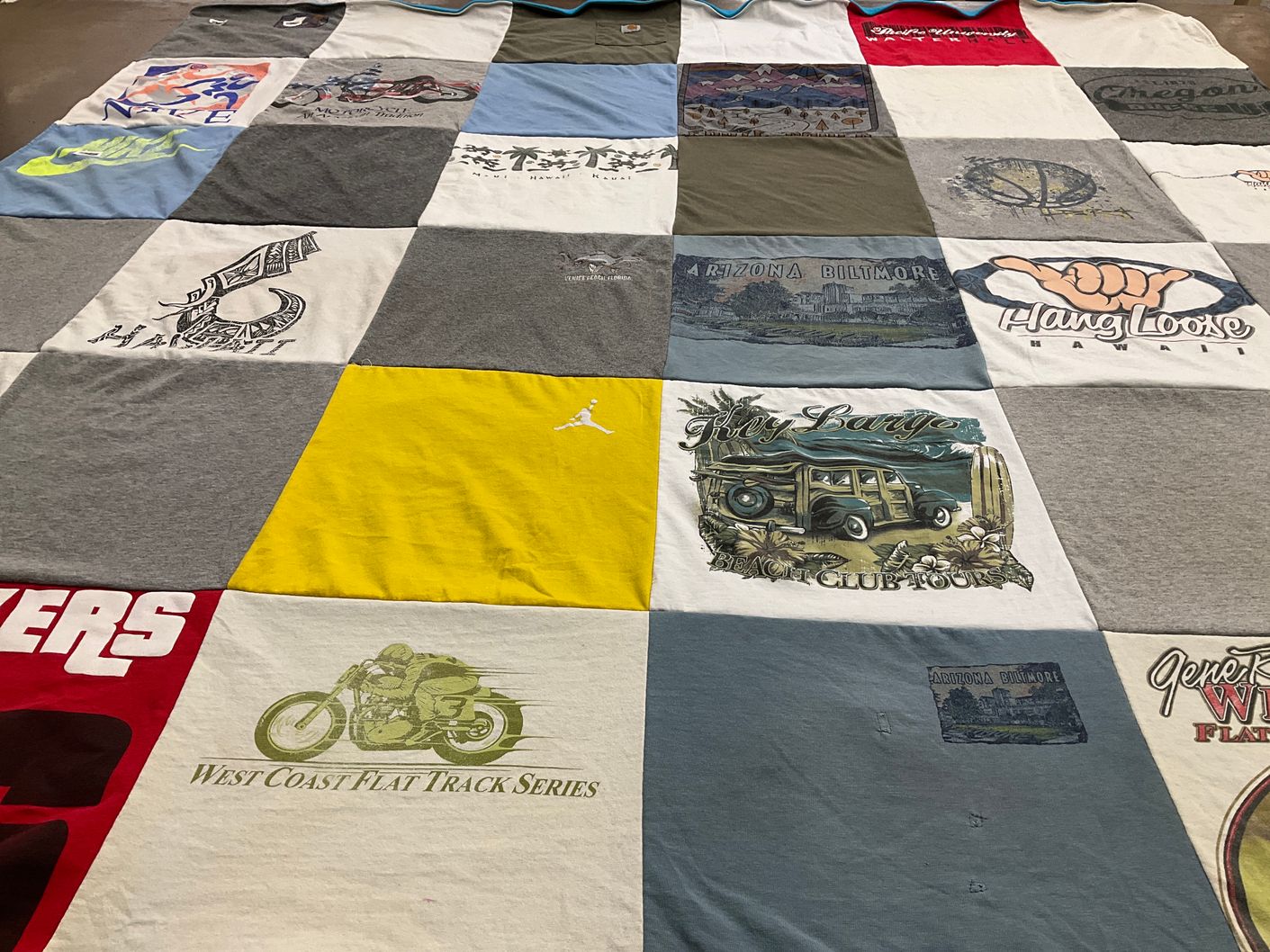 T-shirt quilt with motorcycling, beach themes by Pam from OR