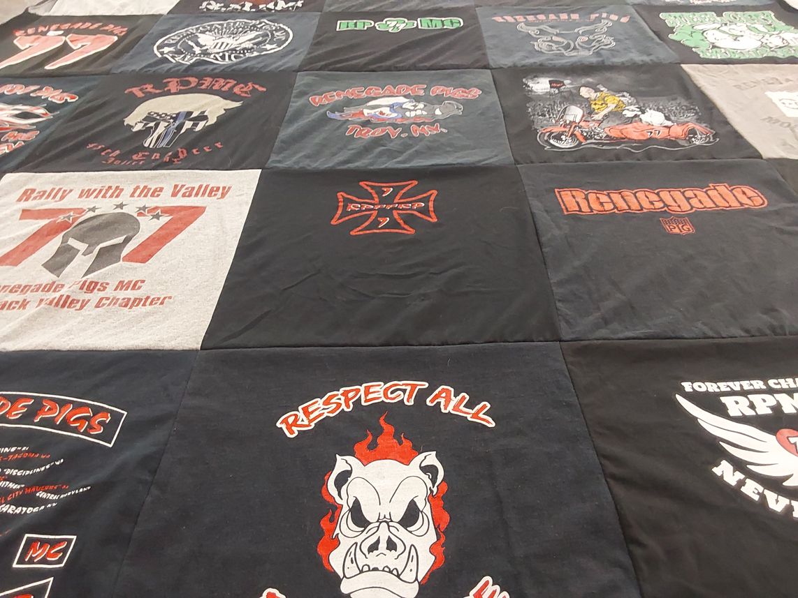 T-shirt quilt with motorcycling, biker culture themes by Deb from NY