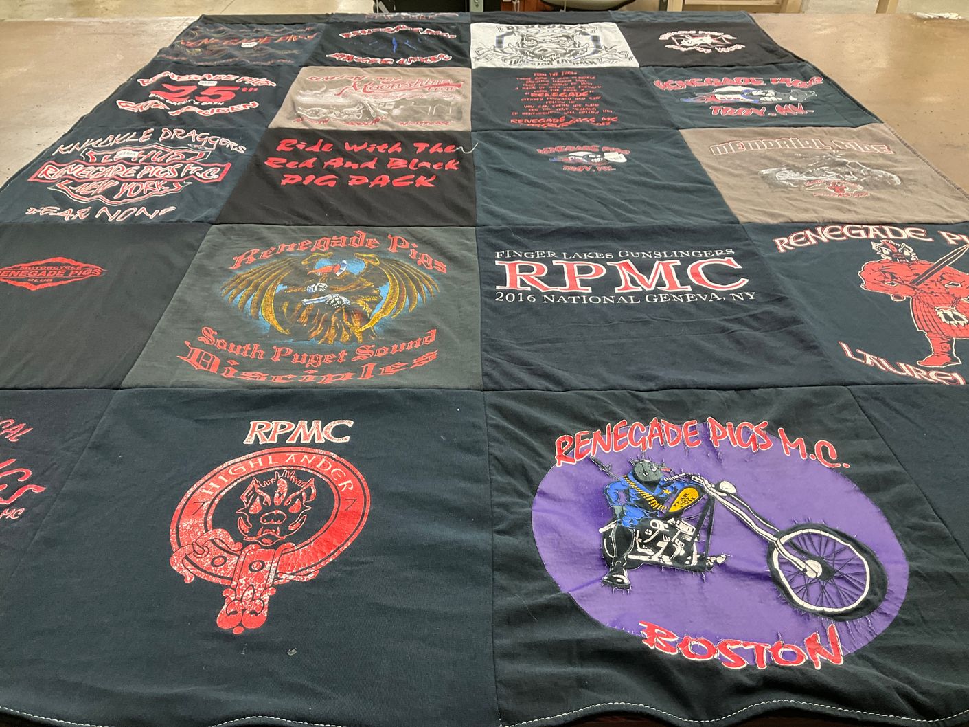 T-shirt quilt with motorcycles, biker culture themes by Deb from NY