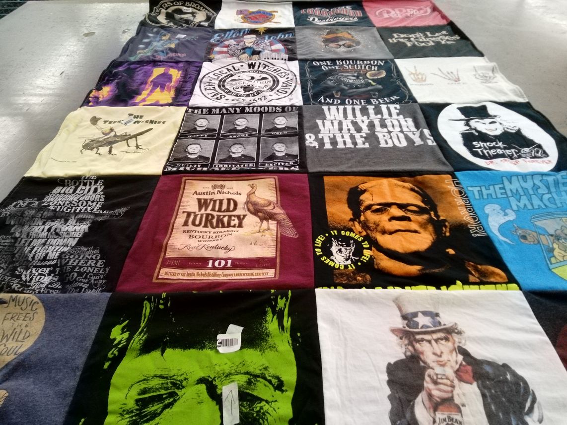 T-shirt quilt with country music, bourbon themes by Lisa from IN