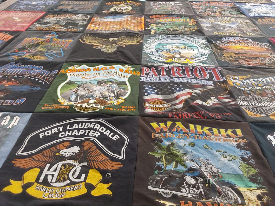 T-shirt quilt with motorcycles, biking themes by Gary from FL
