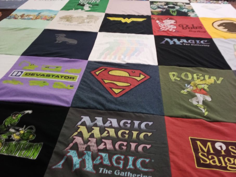 T-shirt quilt with comics, gaming themes by Robert from CA
