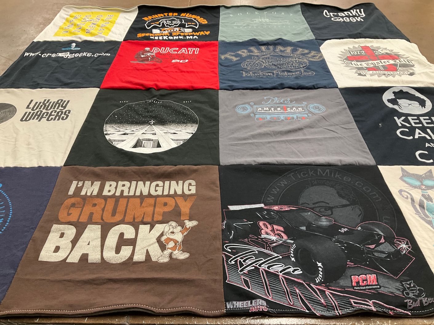 T-shirt quilt with motorcycles, automobiles themes by James from MA