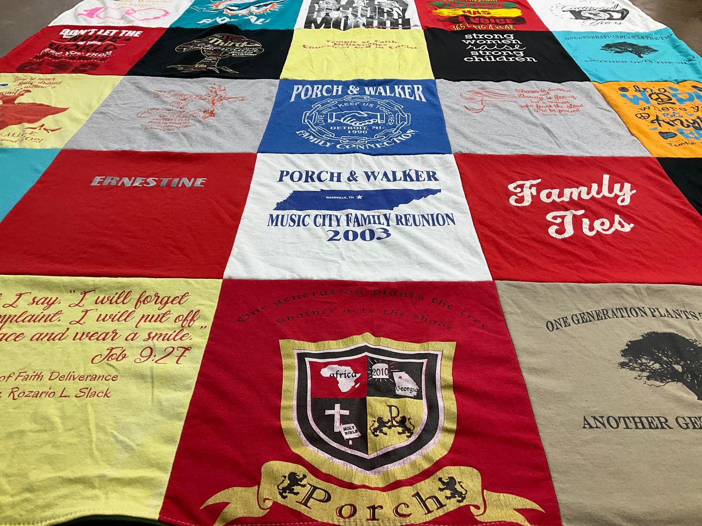 T-shirt quilt with family, reunion themes by Debra from TN