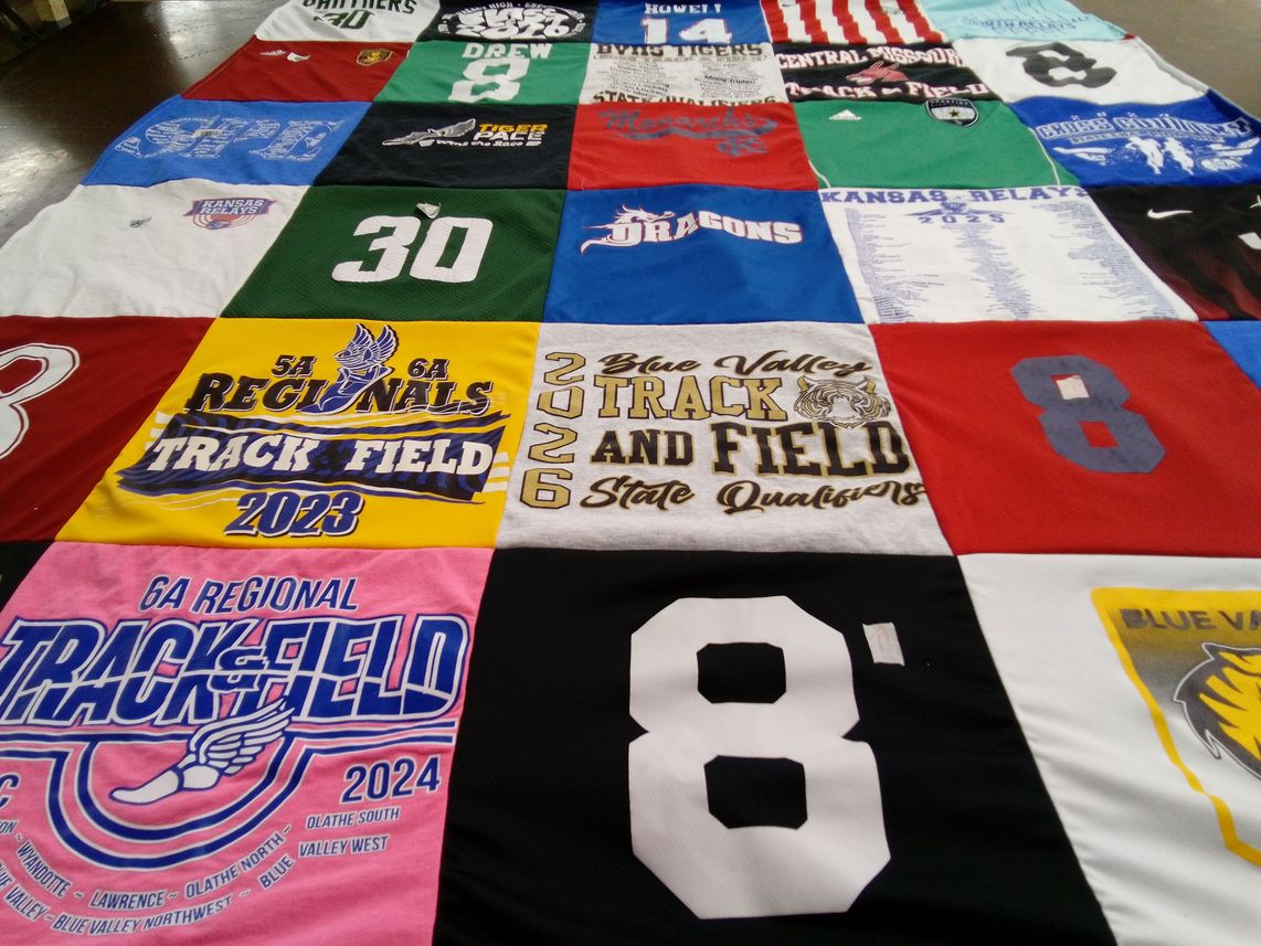 T-shirt quilt featuring blue valley track and field by Maureen from KS