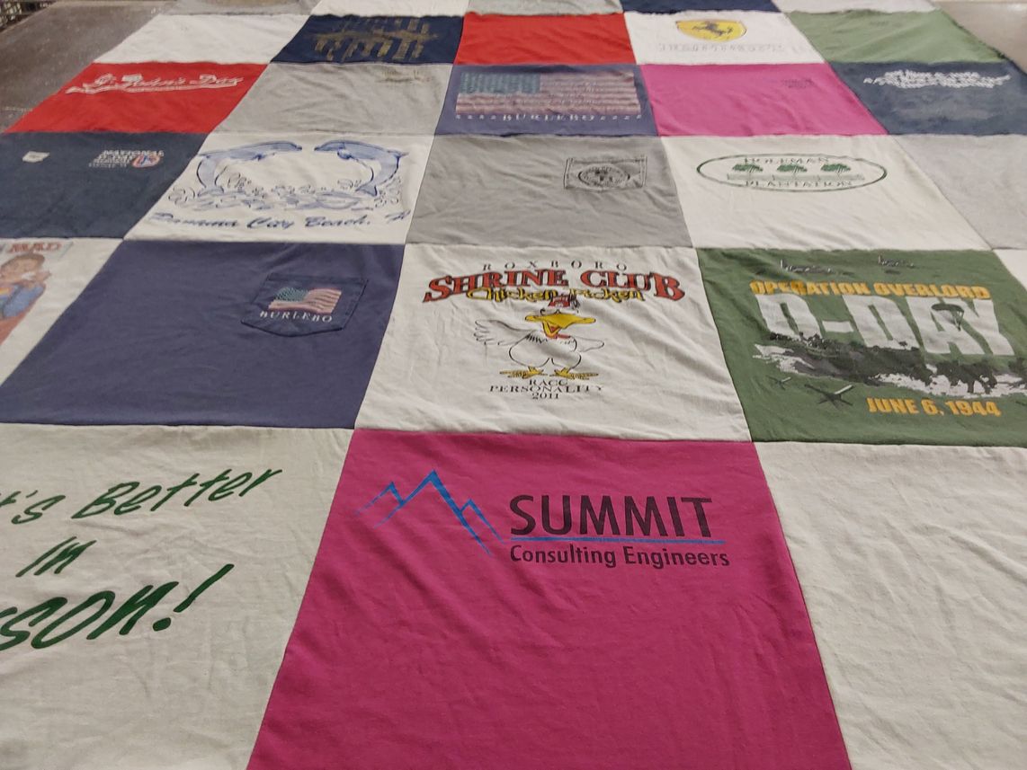 T-shirt quilt with veterans, clubs themes by Pamela from NC