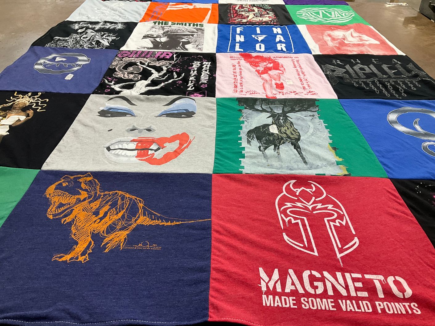 T-shirt quilt with music, pop culture themes by Harry from NC