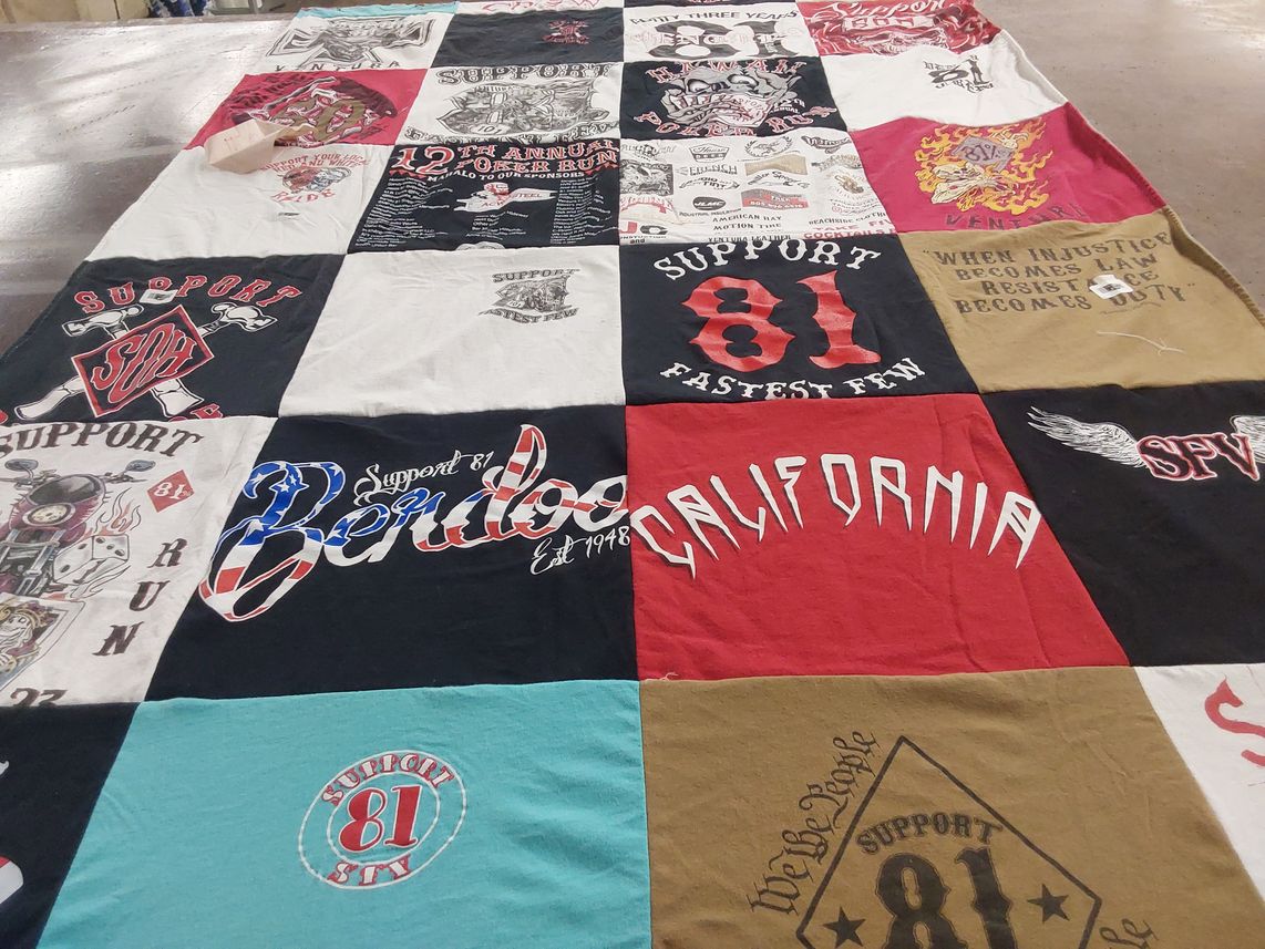 T-shirt quilt with motorcycles, charity events themes by Mary from CA