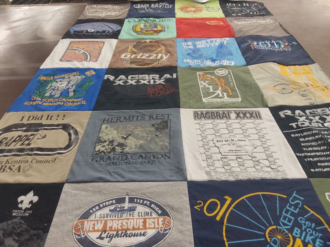 T-shirt quilt with biking, scouting themes by Rebecca from SD