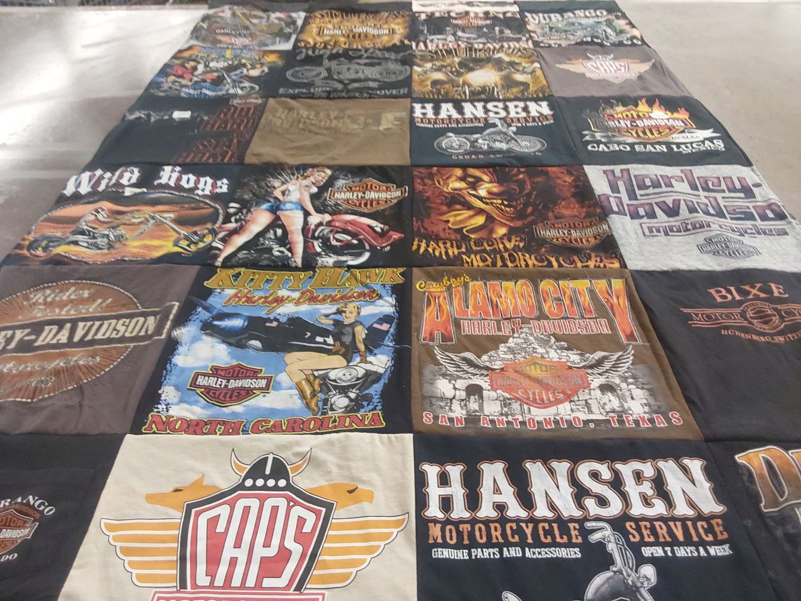 T-shirt quilt with motorcycles, biking themes by Krystyna from AZ