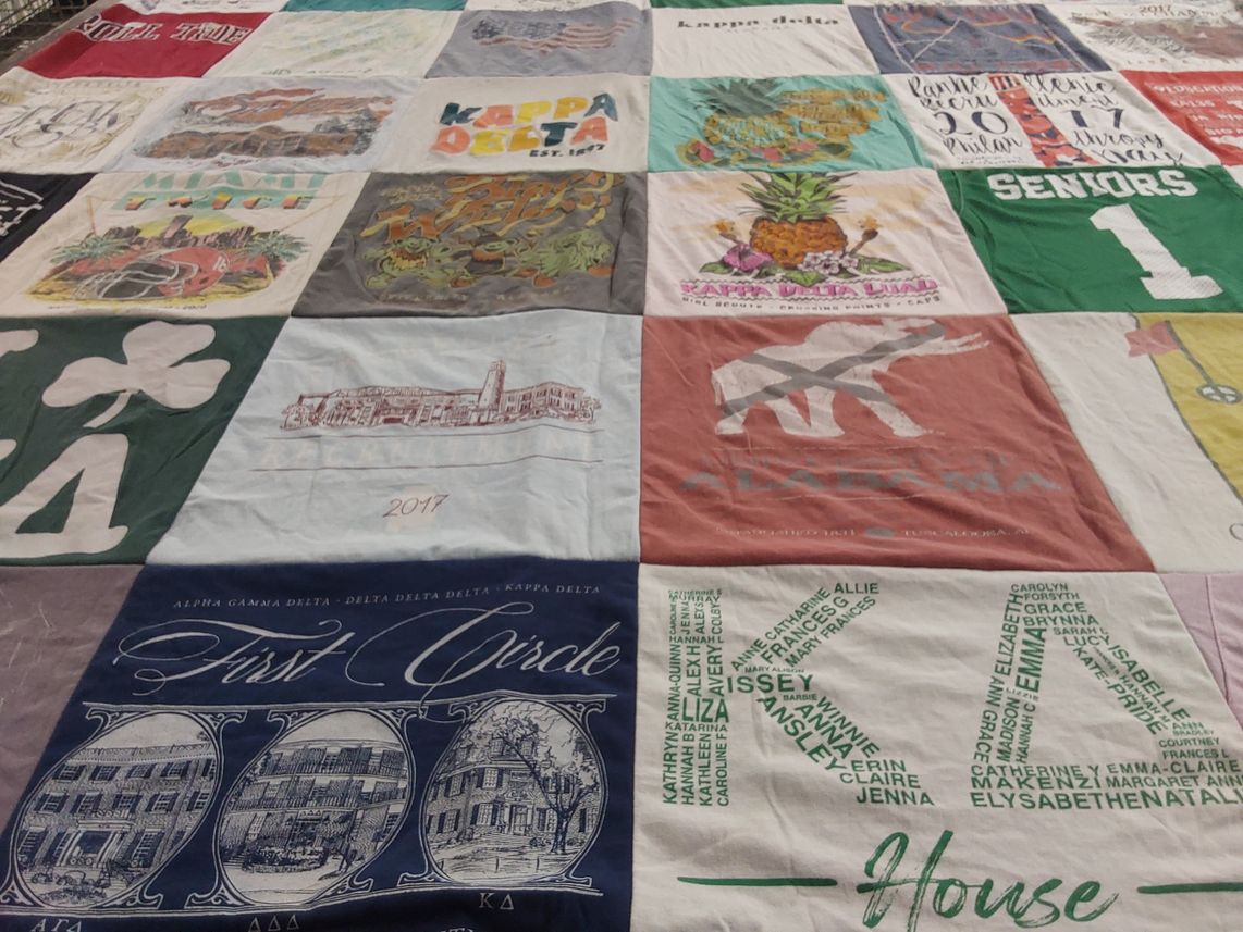 T-shirt quilt with sororities, fraternities themes by Emma-Claire from NC
