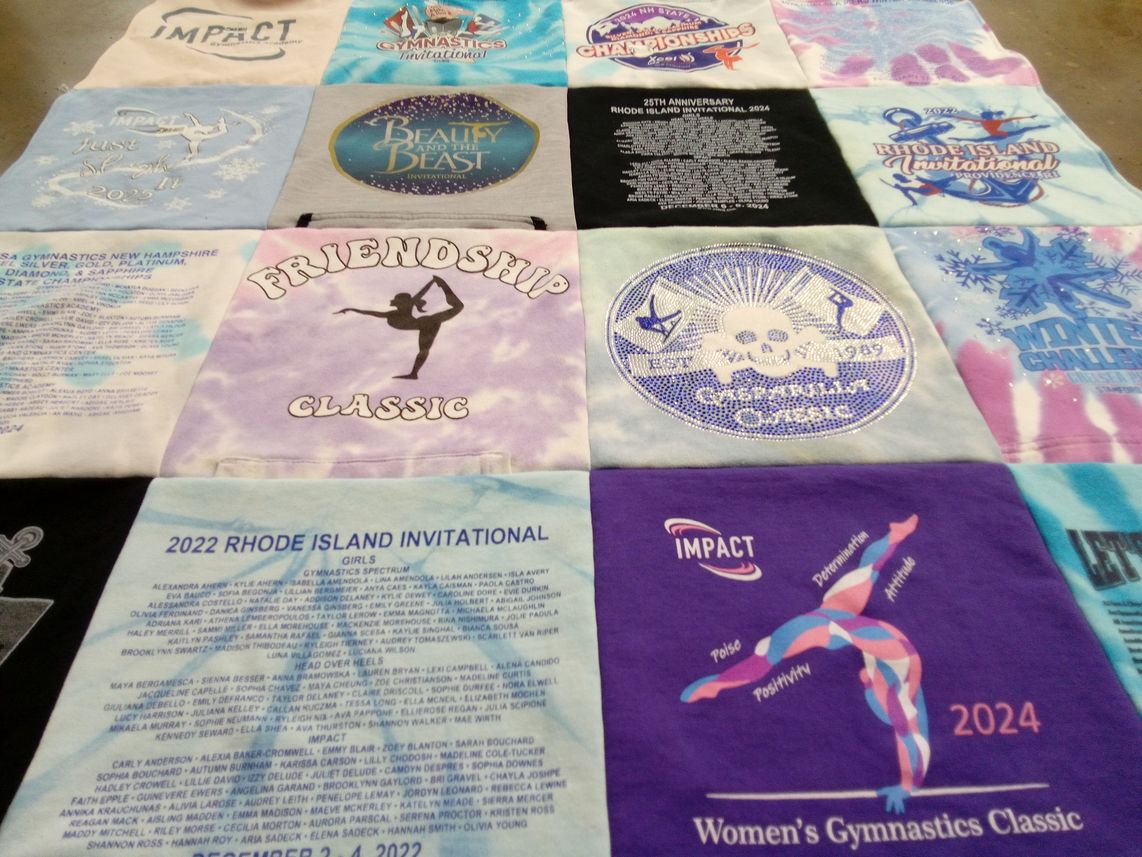 T-shirt quilt with gymnastics themes by Kathryn from NH
