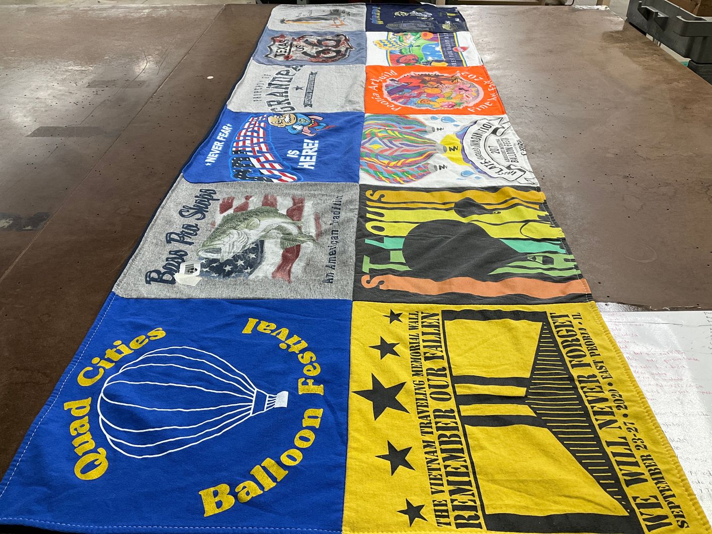 T-shirt quilt with fishing, ballooning themes by Shelbie from IA