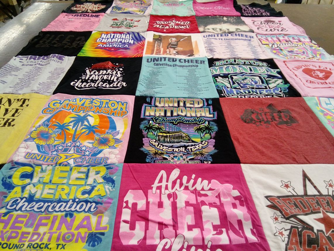 T-shirt quilt with cheerleading, competitions themes by Melinda from TX