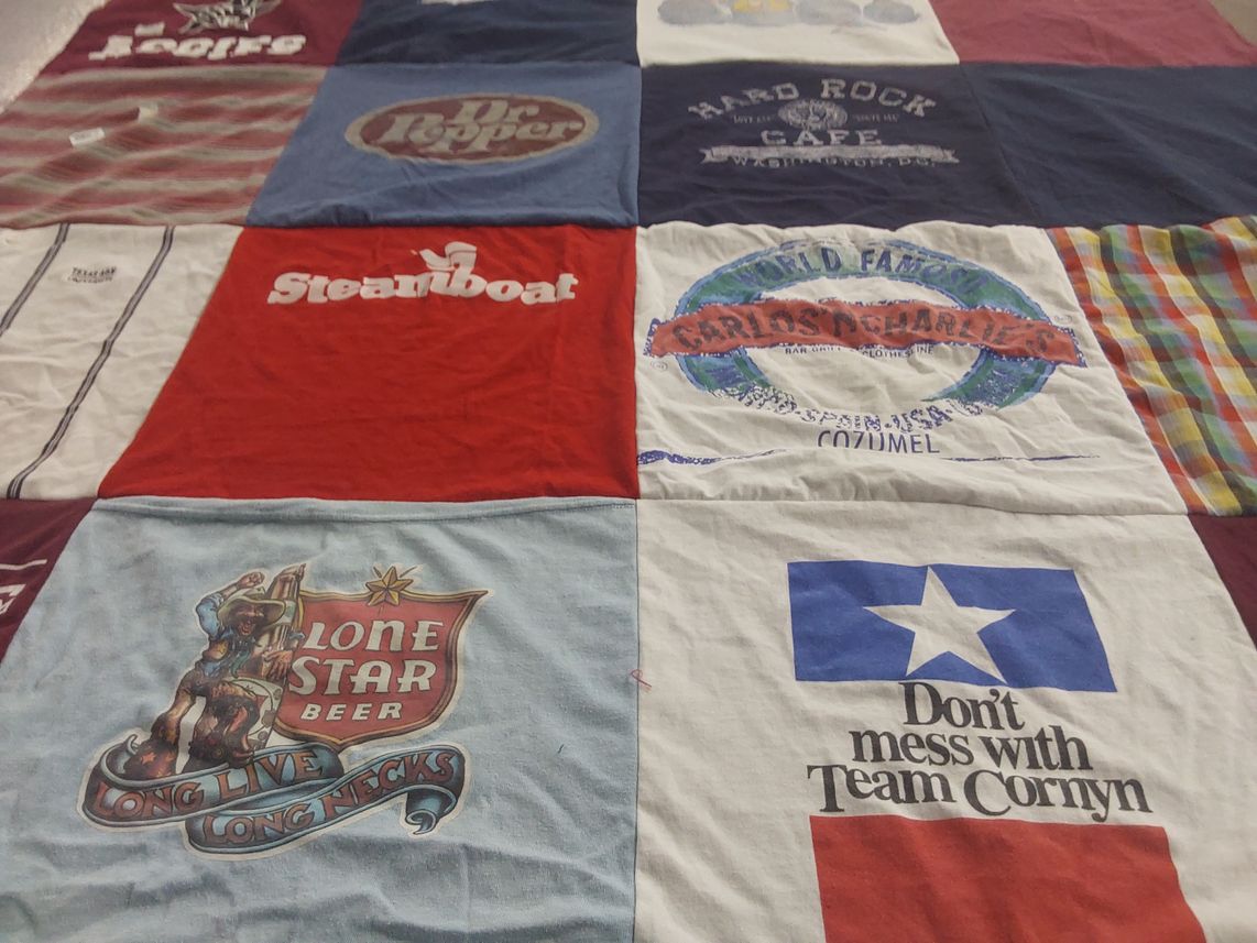 T-shirt quilt with beverages, humor themes by Ginger from TX