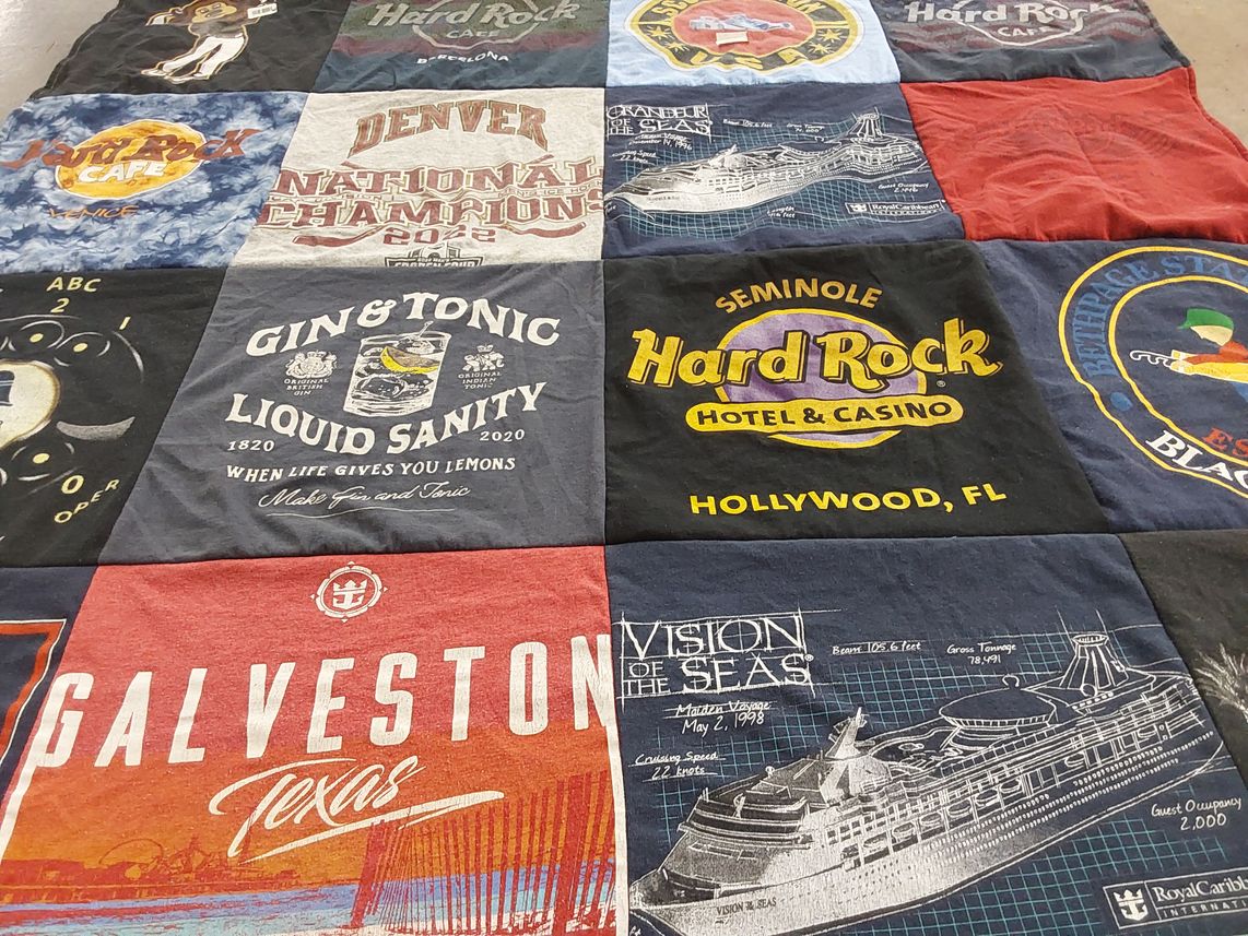 T-shirt quilt with travel, music themes by Michael from CO