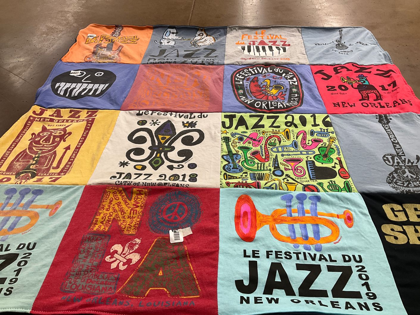T-shirt quilt with music, jazz festival themes by Athena from NY