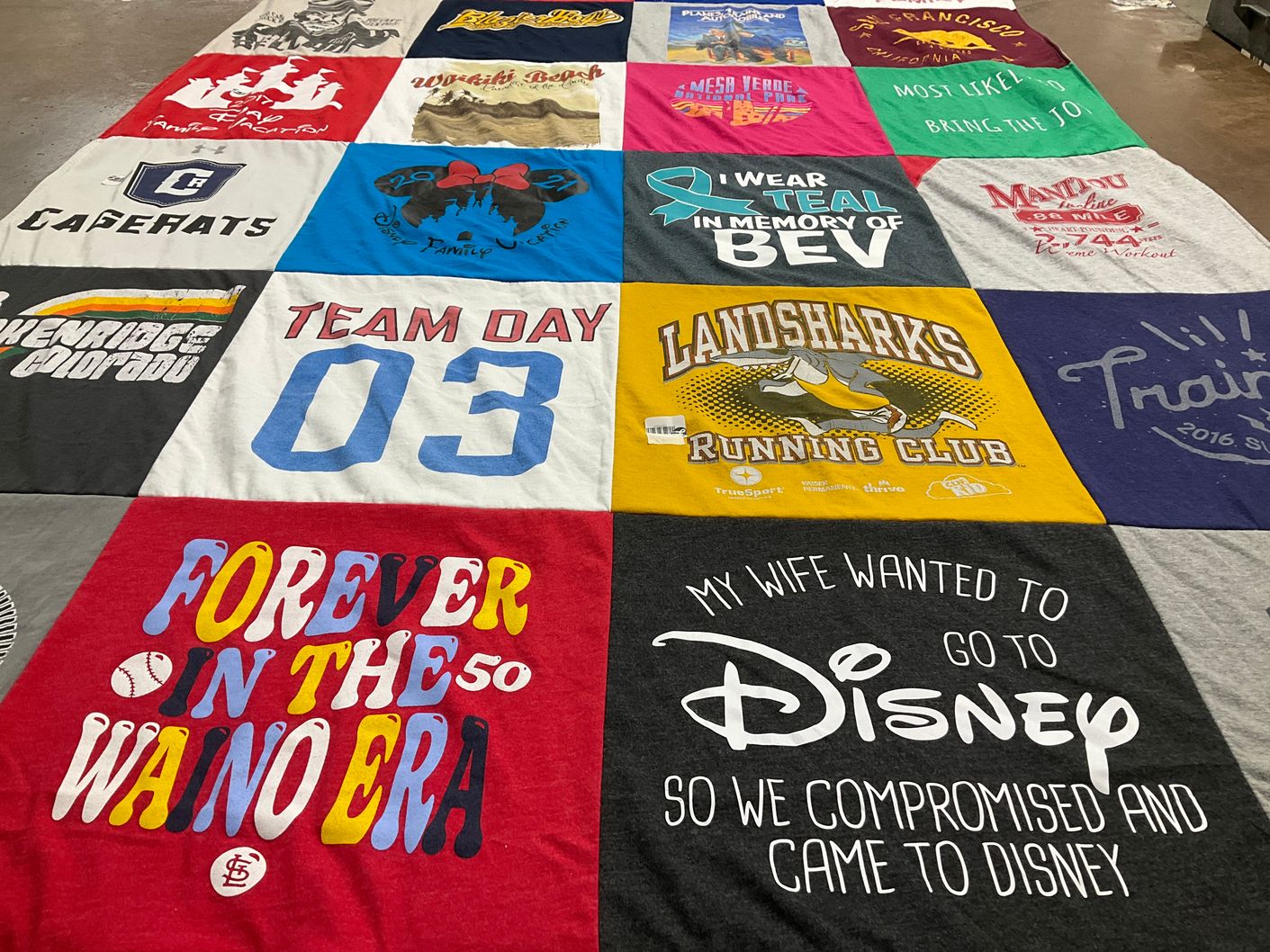 T-shirt quilt featuring landsharks running club by Sarah from IL