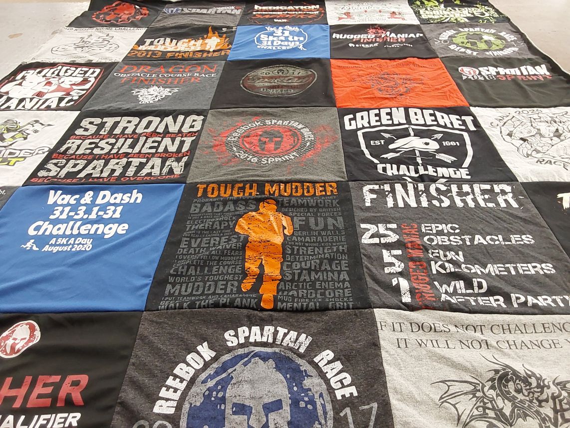 T-shirt quilt with obstacle racing, fitness themes by Jason from VA