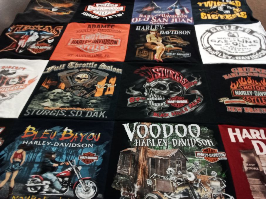 T-shirt quilt with motorcycles, biker culture themes by Christina from TX