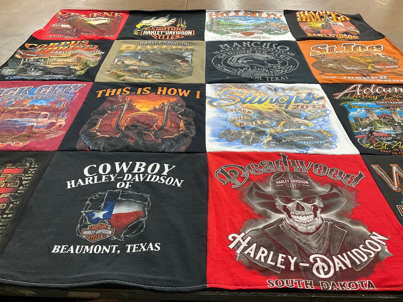 T-shirt quilt with motorcycles, biking themes by Christina from TX