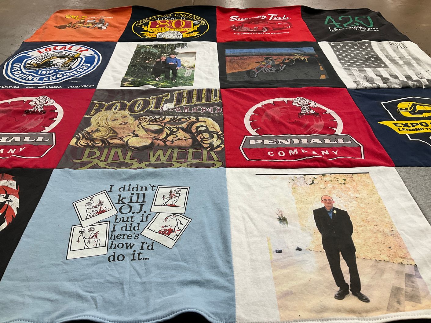 T-shirt quilt with motorcycles, engineering themes by Camille from CA