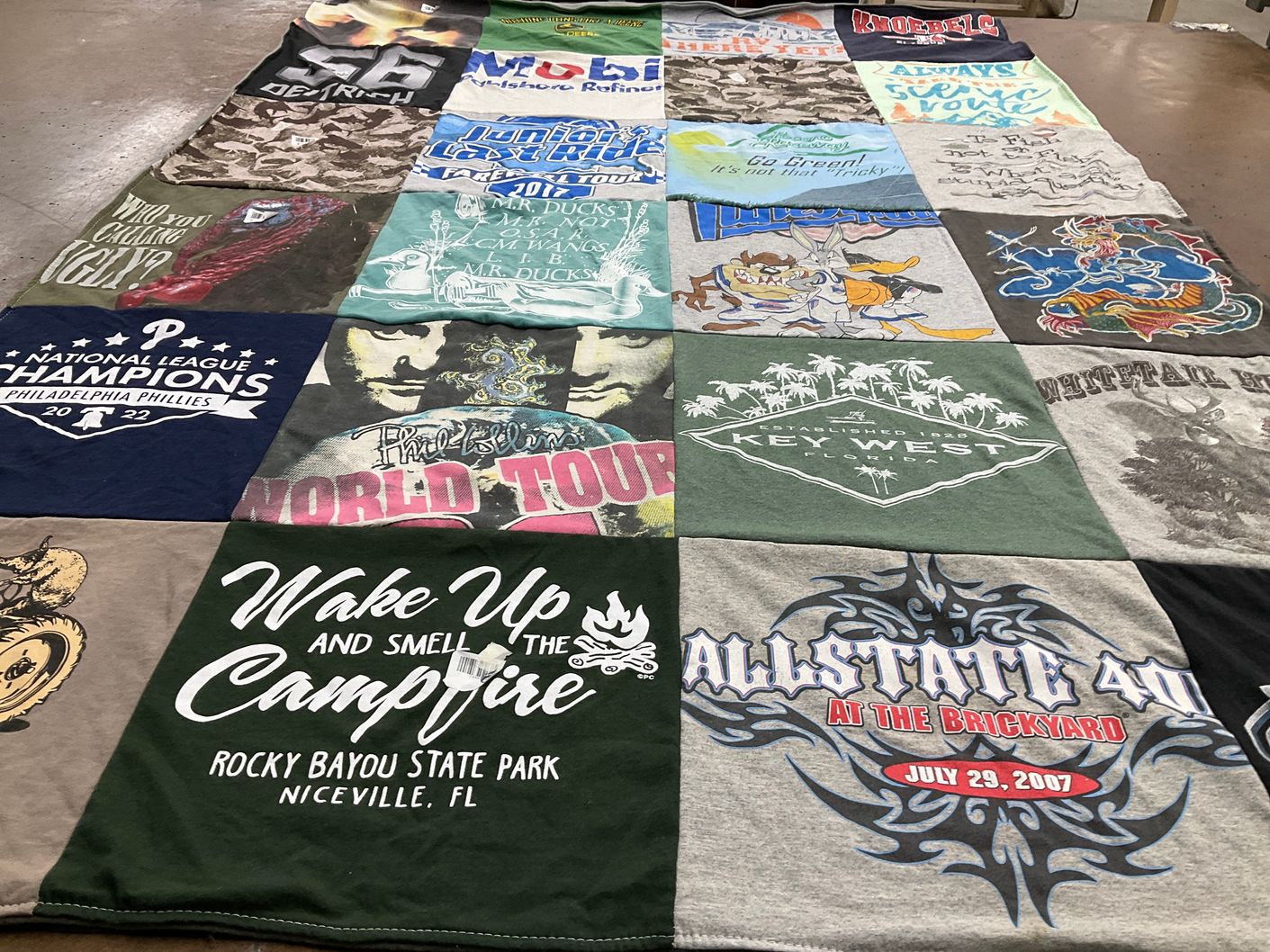 T-shirt quilt with camping, sports themes by Sandra from NJ